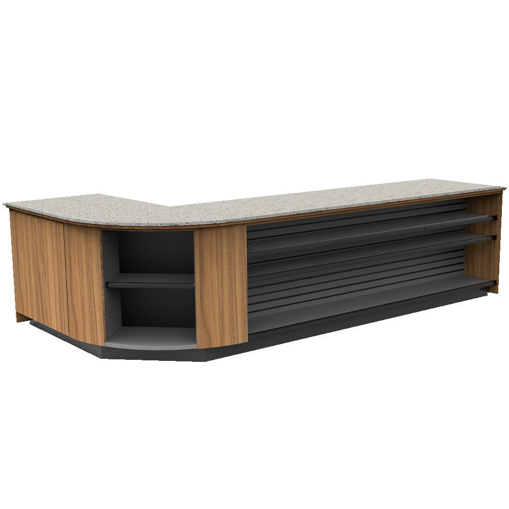 Curved Display-Front Checkout Counter with Display Front Shelves & LED • 15+ Ft. Counter Space - Modern Store Equipment