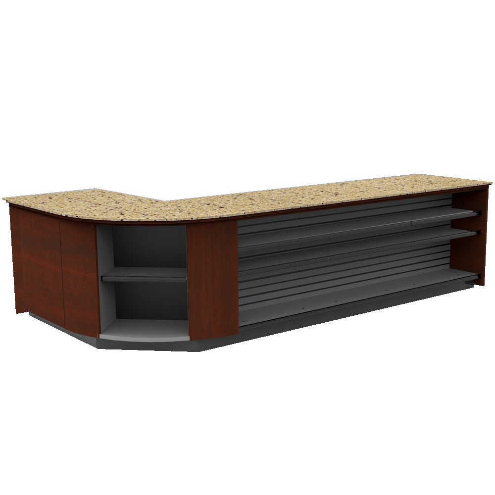 Curved Display-Front Checkout Counter with Display Front Shelves & LED • 15+ Ft. Counter Space - Modern Store Equipment