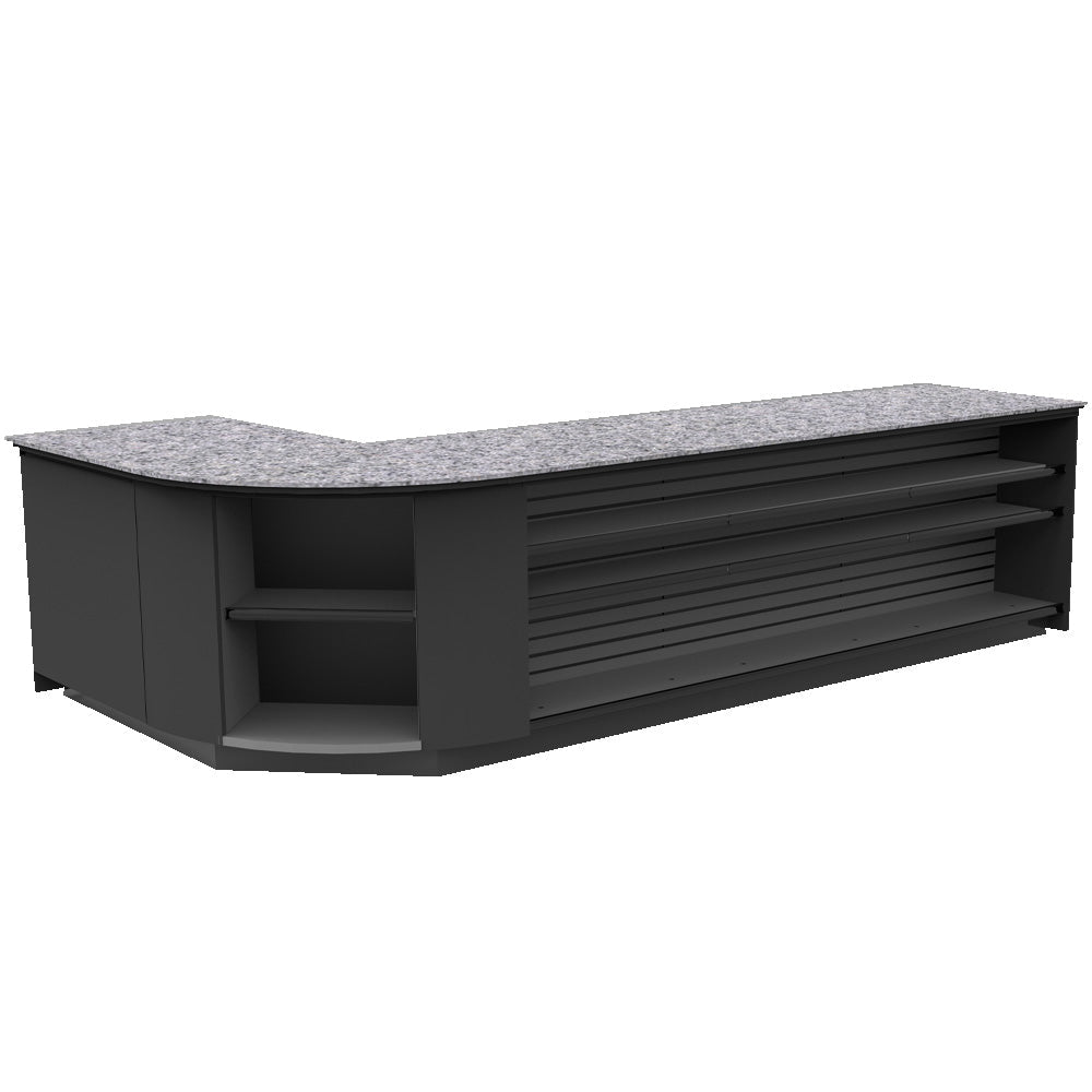 Curved Display-Front Checkout Counter with Display Front Shelves & LED • 15+ Ft. Counter Space - Modern Store Equipment