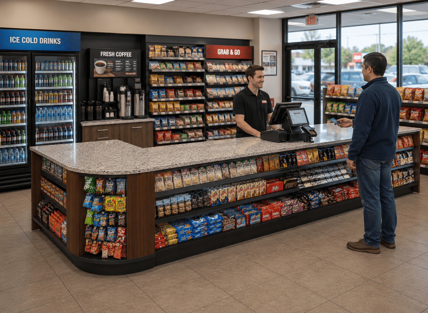 Curved Display-Front Checkout Counter with Display Front Shelves & LED - Modern Store Equipment