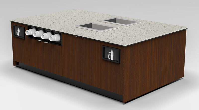 Modular Coffee & Beverage Prep Island • 2 Refrigerated Pans, Cup Dispenser, Trash: 99.5"L x 60"D