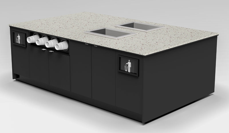 Modular Coffee & Beverage Prep Island • 2 Refrigerated Pans, Cup Dispenser, Trash: 99.5"L x 60"D