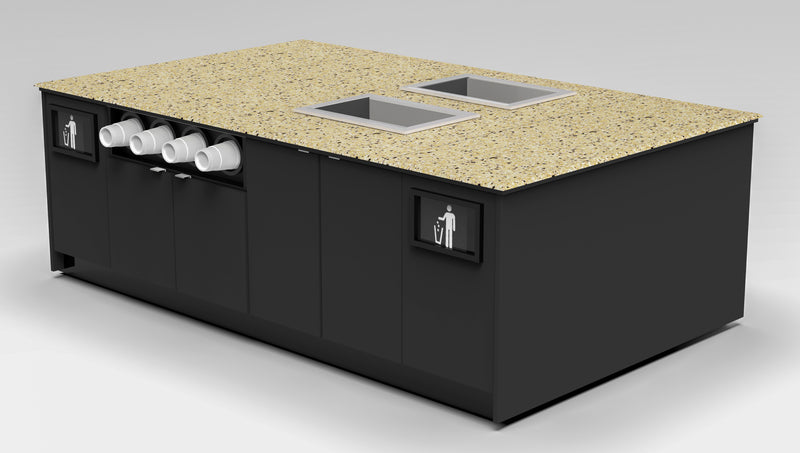 Modular Coffee & Beverage Prep Island • 2 Refrigerated Pans, Cup Dispenser, Trash: 99.5"L x 60"D