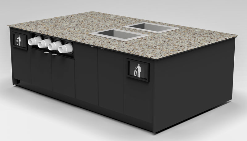 Modular Coffee & Beverage Prep Island • 2 Refrigerated Pans, Cup Dispenser, Trash: 99.5"L x 60"D