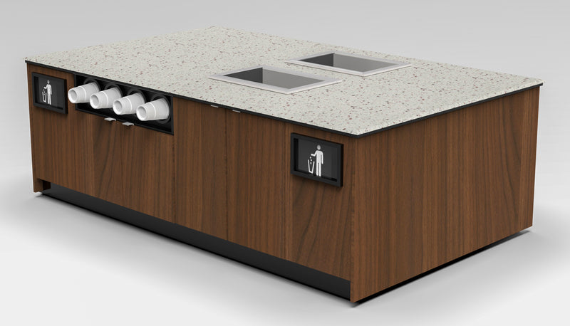 Modular Coffee & Beverage Prep Island • 2 Refrigerated Pans, Cup Dispenser, Trash: 99.5"L x 60"D