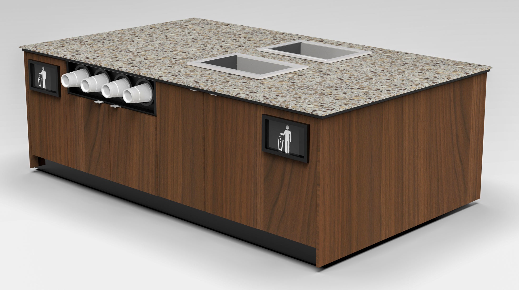 Modular Coffee & Beverage Prep Island • 2 Refrigerated Pans, Cup Dispenser, Trash: 99.5