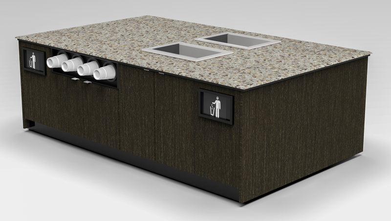 Modular Coffee & Beverage Prep Island • 2 Refrigerated Pans, Cup Dispenser, Trash: 99.5"L x 60"D