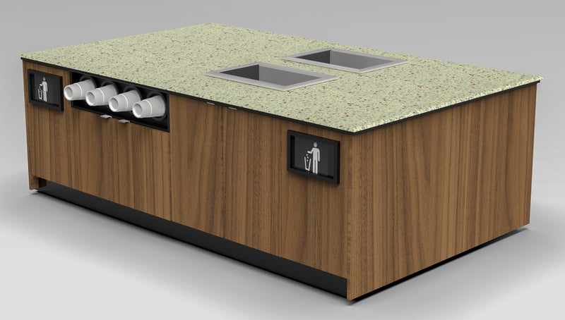 Modular Coffee & Beverage Prep Island • 2 Refrigerated Pans, Cup Dispenser, Trash: 99.5"L x 60"D