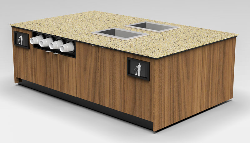Modular Coffee & Beverage Prep Island • 2 Refrigerated Pans, Cup Dispenser, Trash: 99.5"L x 60"D