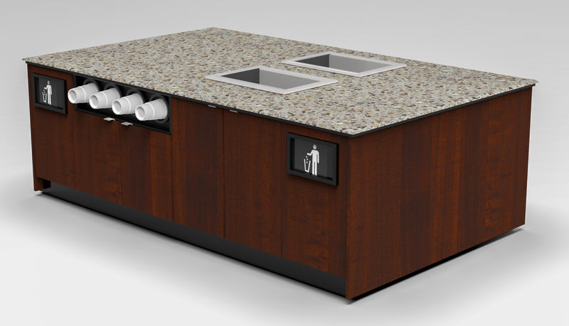Modular Coffee & Beverage Prep Island • 2 Refrigerated Pans, Cup Dispenser, Trash: 99.5"L x 60"D