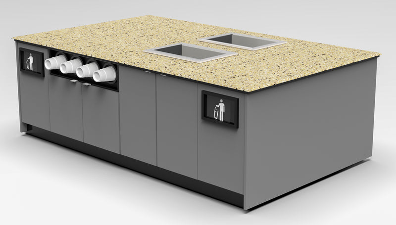 Modular Coffee & Beverage Prep Island • 2 Refrigerated Pans, Cup Dispenser, Trash: 99.5"L x 60"D