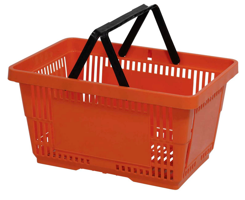 VersaCart 28 Liter Plastic Hand Baskets / 12 Pack with Rack & Sign