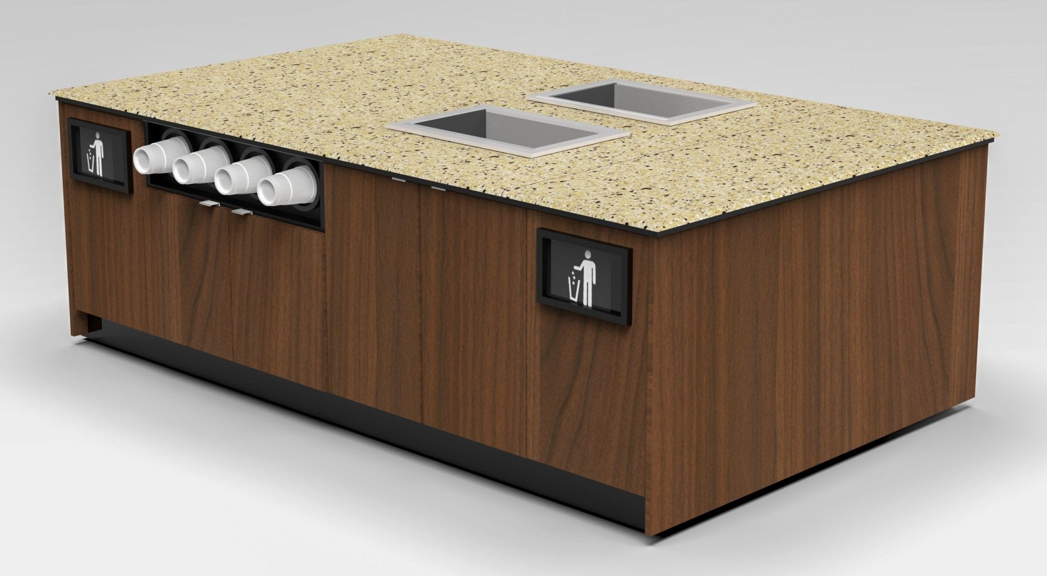 Coffee & Beverage Prep Island • 2 Refrigerated Pans, Cup Dispenser, Trash: 99.5