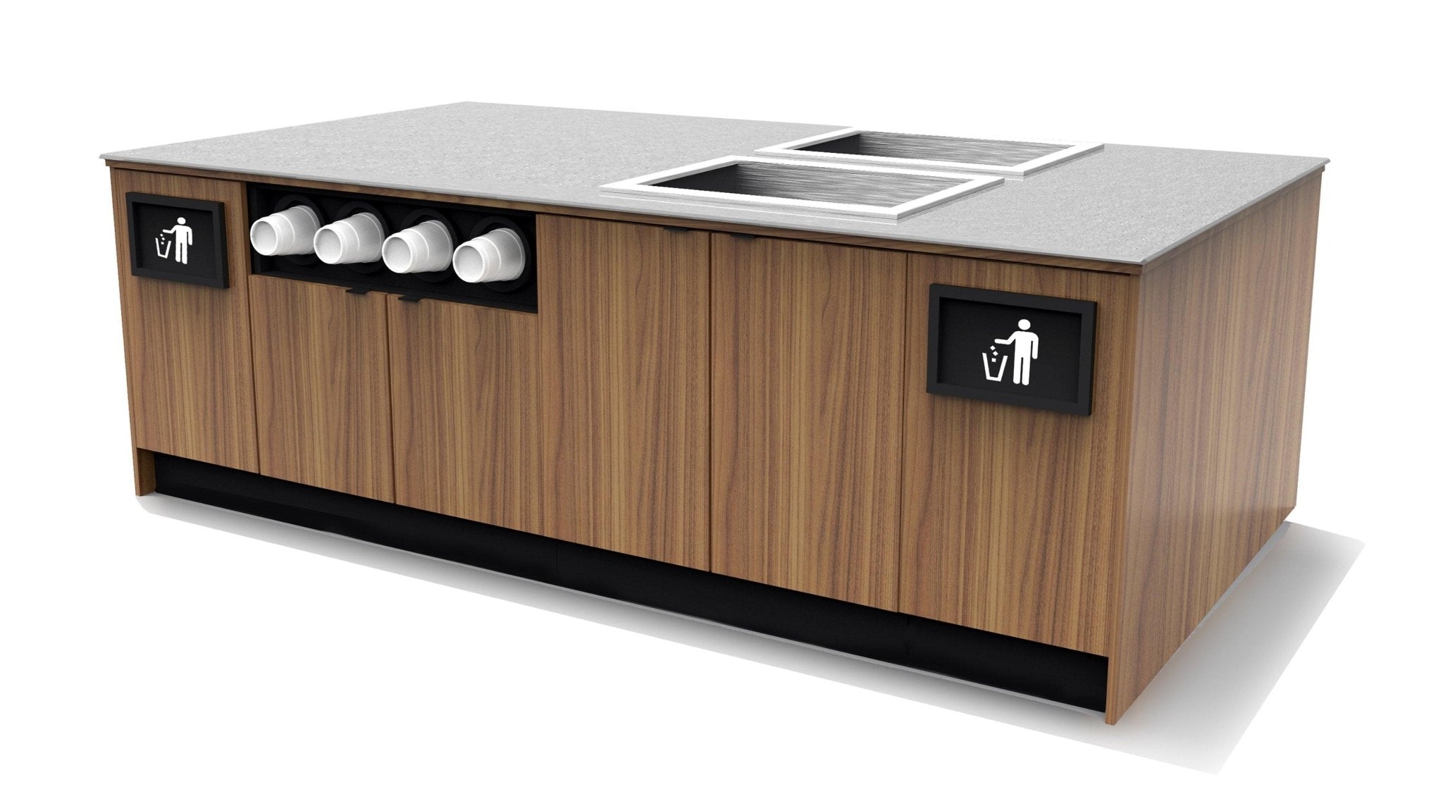 Coffee & Beverage Prep Island • 2 Refrigerated Pans, Cup Dispenser, Trash: 99.5