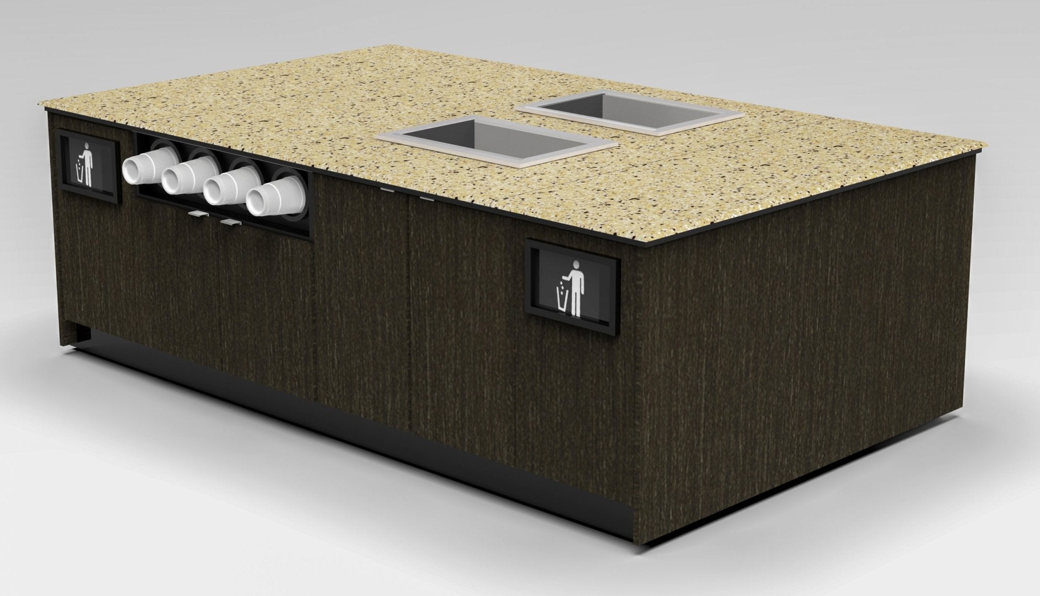 Coffee & Beverage Prep Island • 2 Refrigerated Pans, Cup Dispenser, Trash: 99.5