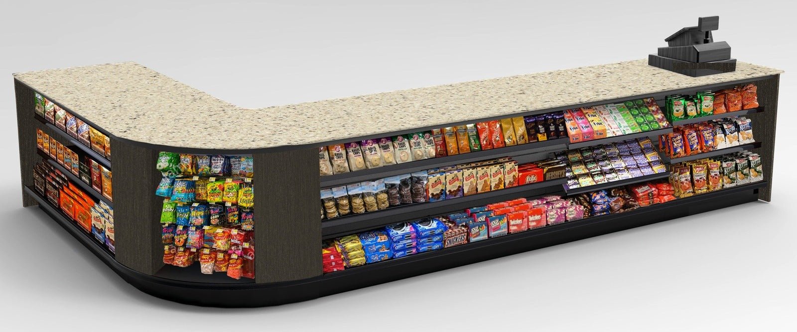 Curved Display-Front Checkout Counter with Display Front Shelves & LED - Modern Store Equipment