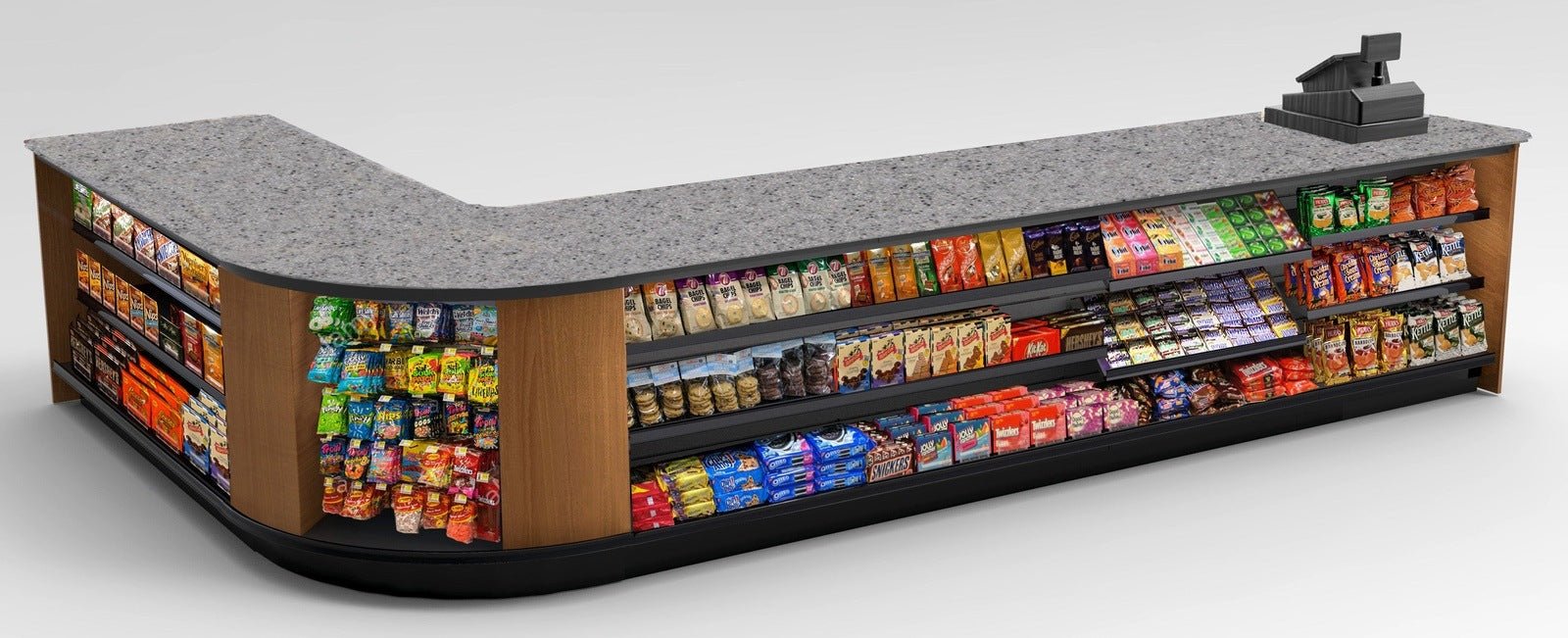 Curved Display-Front Checkout Counter with Display Front Shelves & LED - Modern Store Equipment