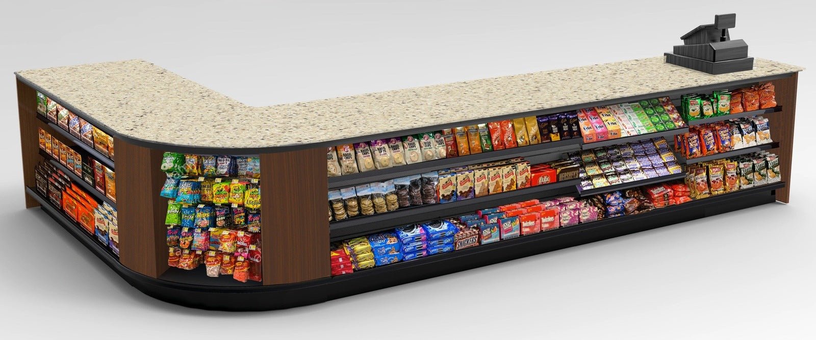 Curved Display-Front Checkout Counter with Display Front Shelves & LED - Modern Store Equipment