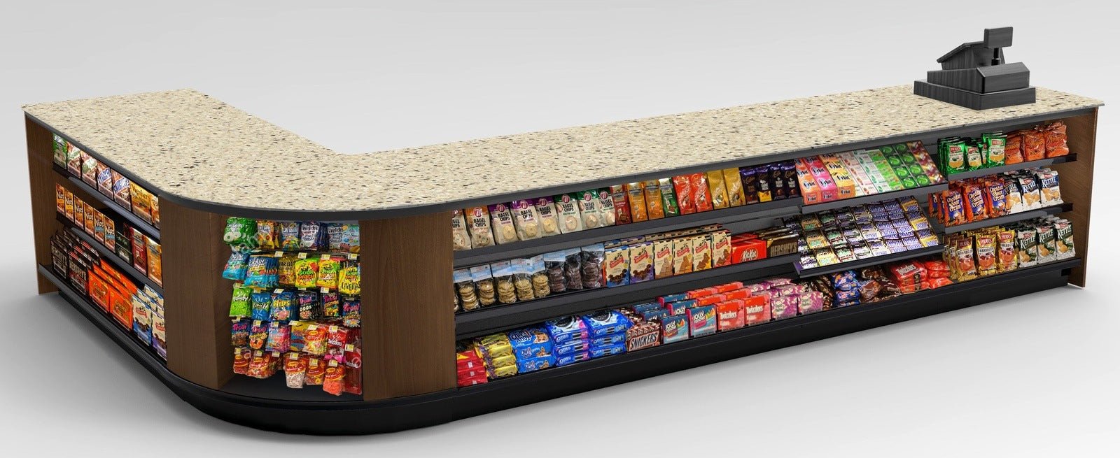 Curved Display-Front Checkout Counter with Display Front Shelves & LED - Modern Store Equipment