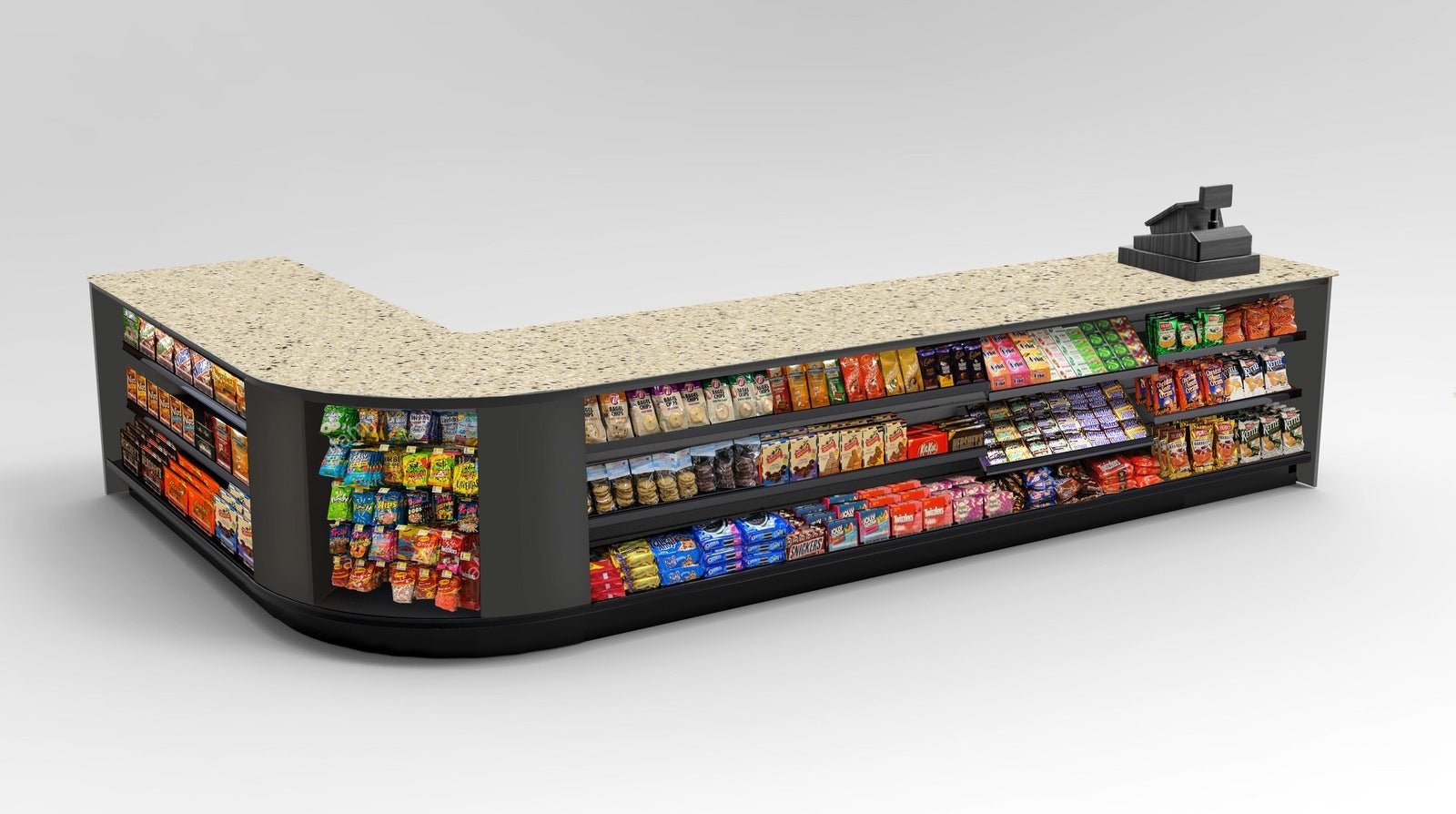 Curved Display-Front Checkout Counter with Display Front Shelves & LED - Modern Store Equipment