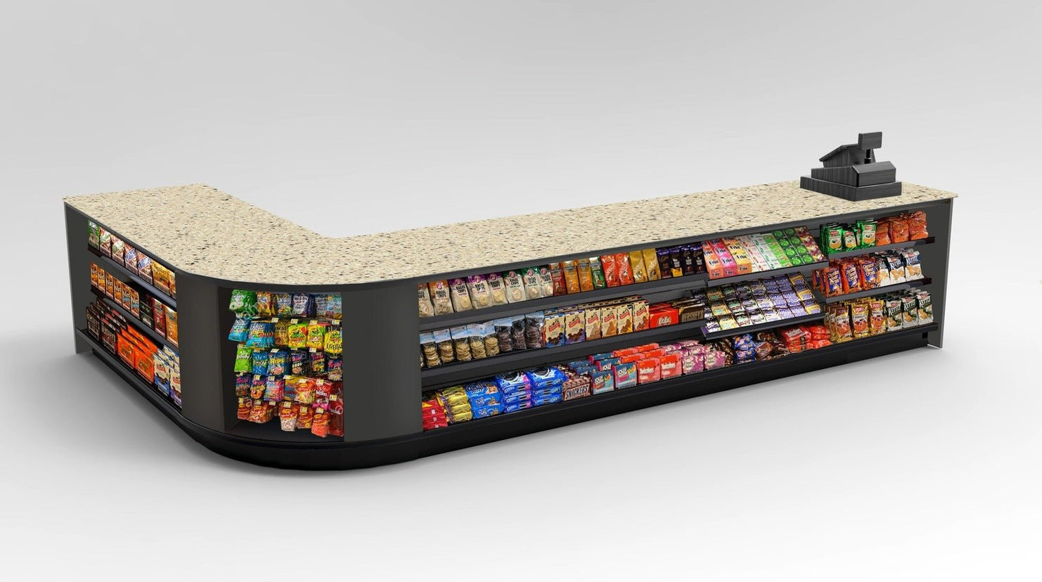 Curved Display-Front Checkout Counter with Display Front Shelves & LED - Modern Store Equipment