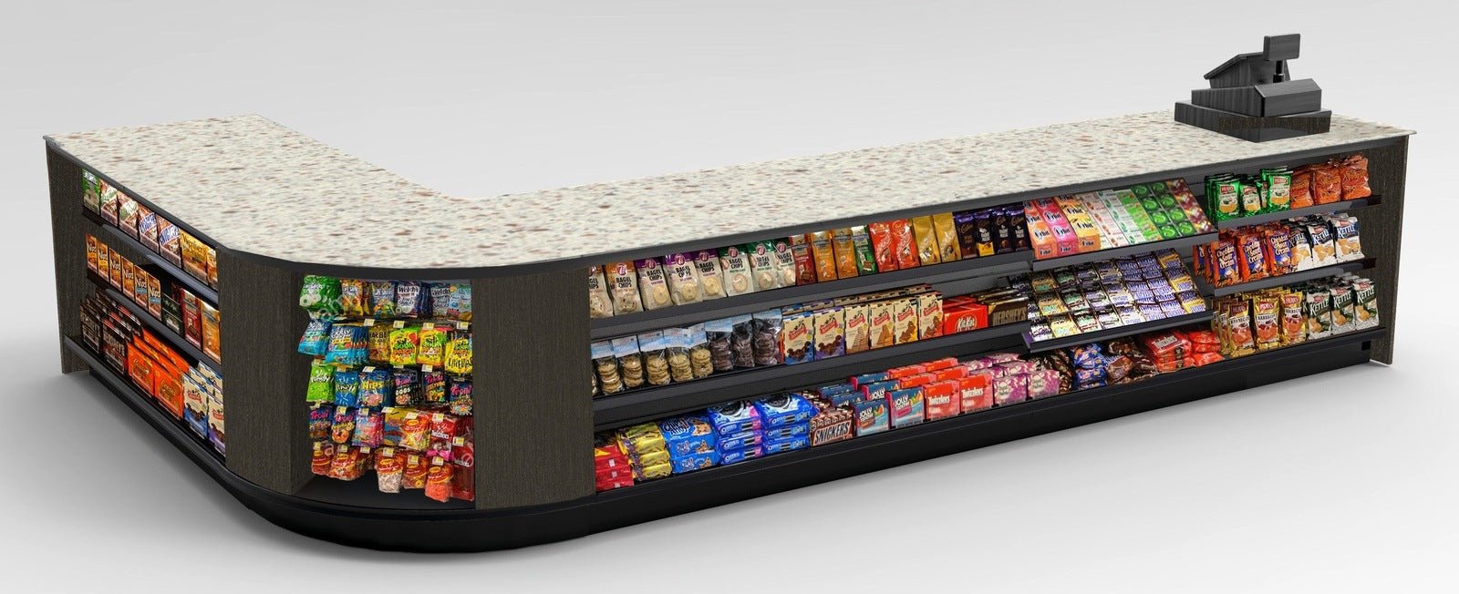Curved Display-Front Checkout Counter with Display Front Shelves & LED - Modern Store Equipment
