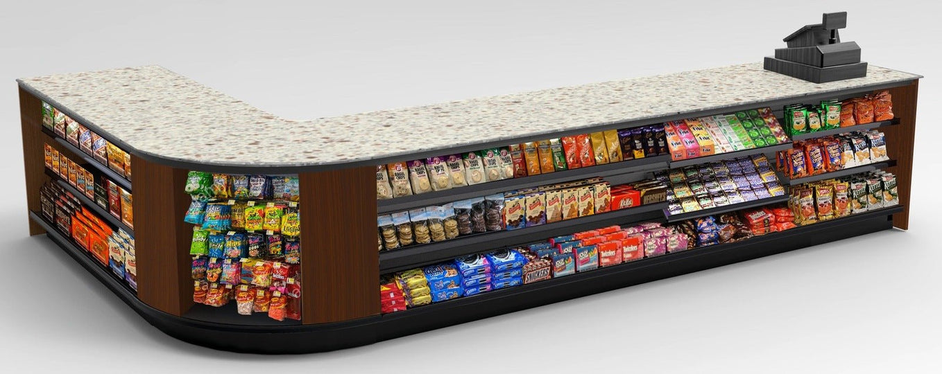 Curved Display-Front Checkout Counter with Display Front Shelves & LED - Modern Store Equipment