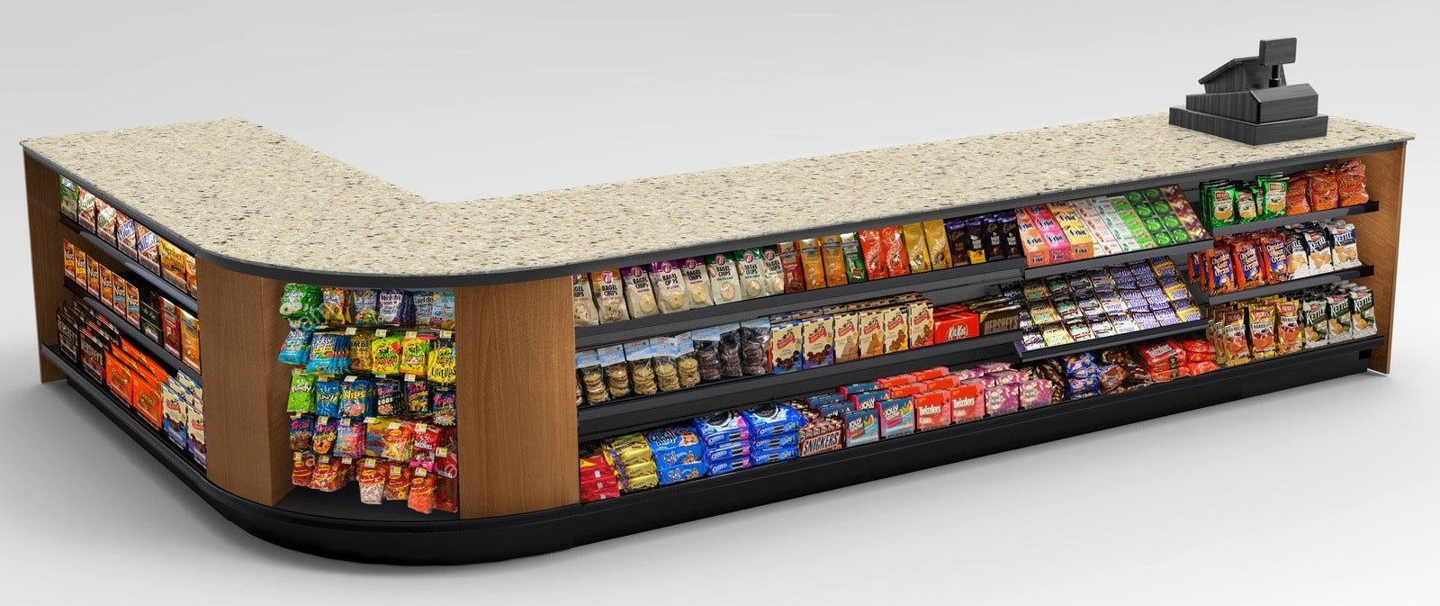 Curved Display-Front Checkout Counter with Display Front Shelves & LED - Modern Store Equipment