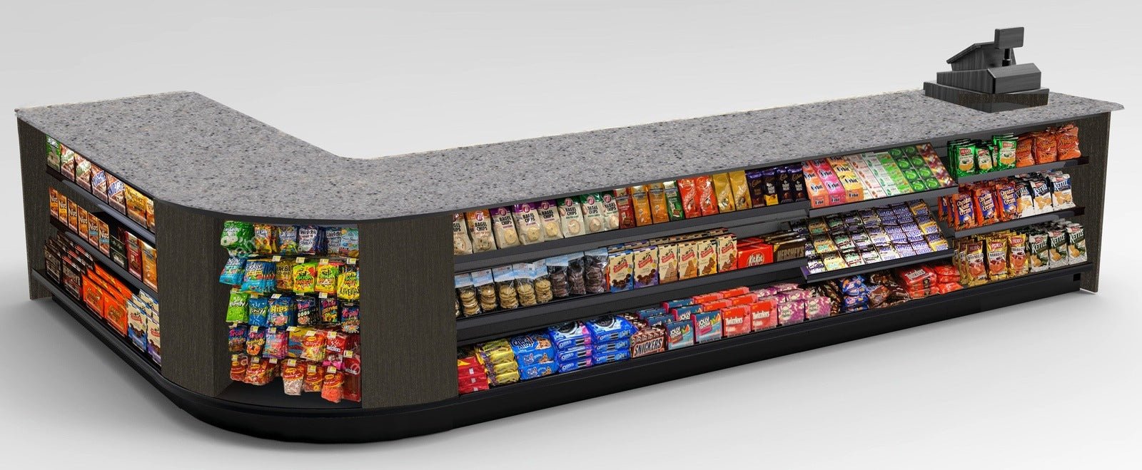 Curved Display-Front Checkout Counter with Display Front Shelves & LED - Modern Store Equipment