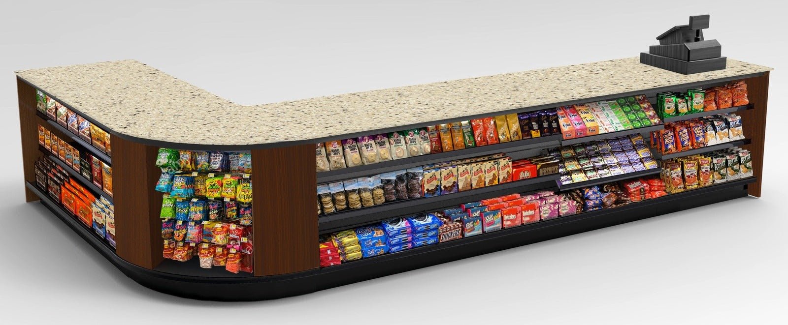 Curved Display-Front Checkout Counter with Display Front Shelves & LED - Modern Store Equipment