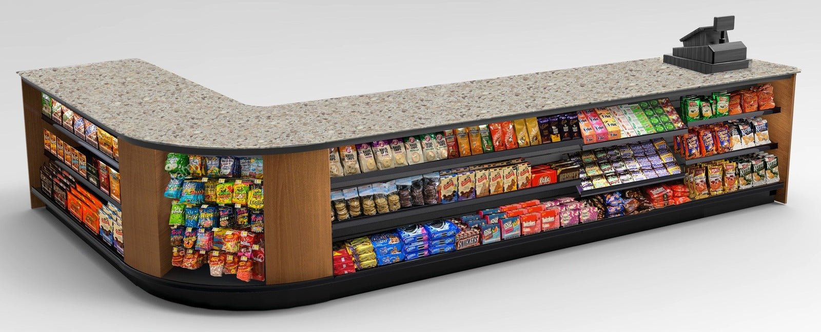 Curved Display-Front Checkout Counter with Display Front Shelves & LED - Modern Store Equipment