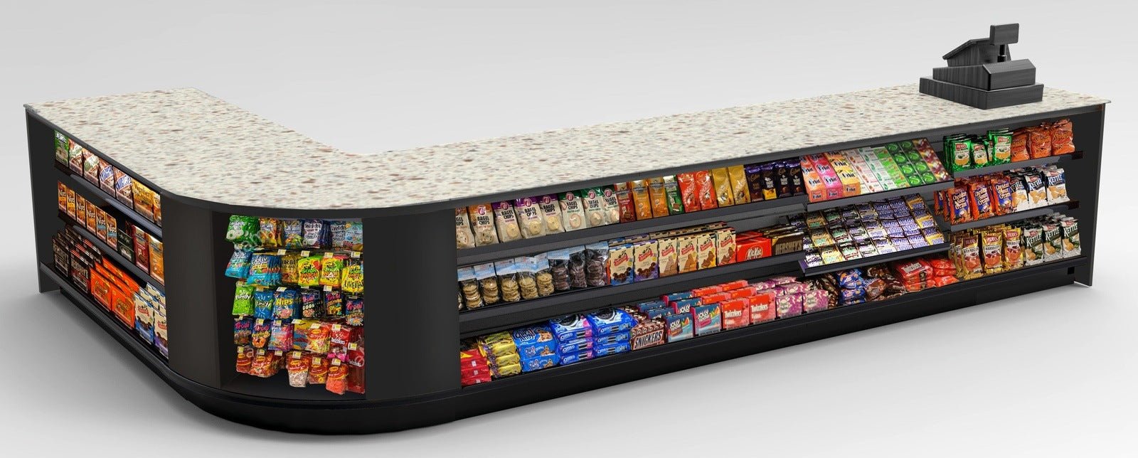 Curved Display-Front Checkout Counter with Display Front Shelves & LED - Modern Store Equipment