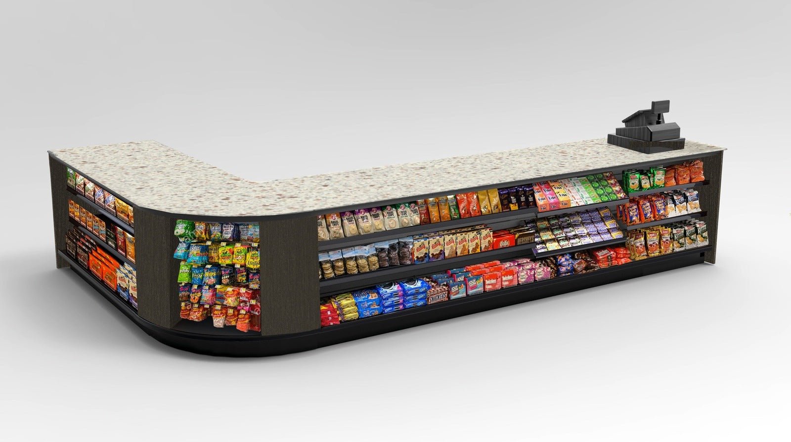 Curved Display-Front Checkout Counter with Display Front Shelves & LED - Modern Store Equipment