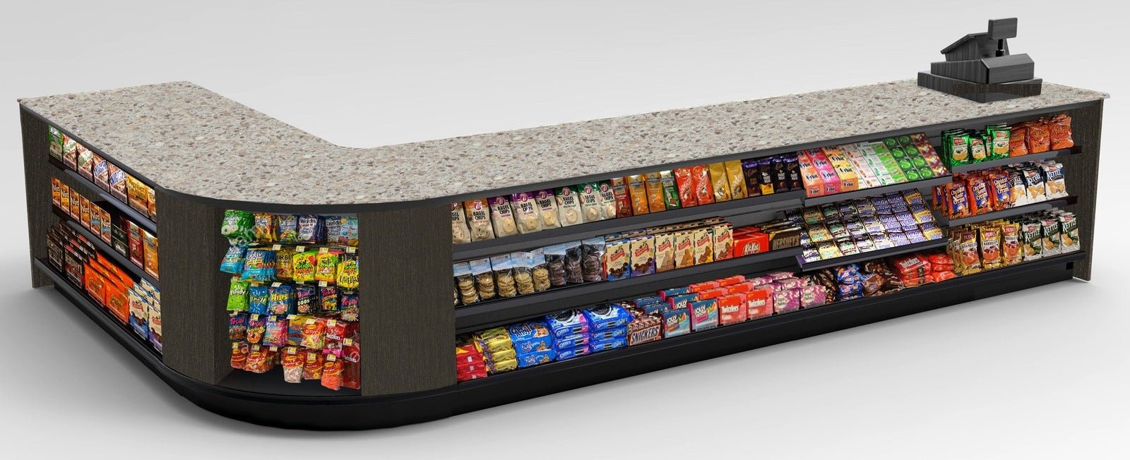 Curved Display-Front Checkout Counter with Display Front Shelves & LED - Modern Store Equipment