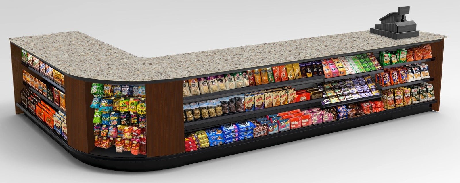 Curved Display-Front Checkout Counter with Display Front Shelves & LED - Modern Store Equipment