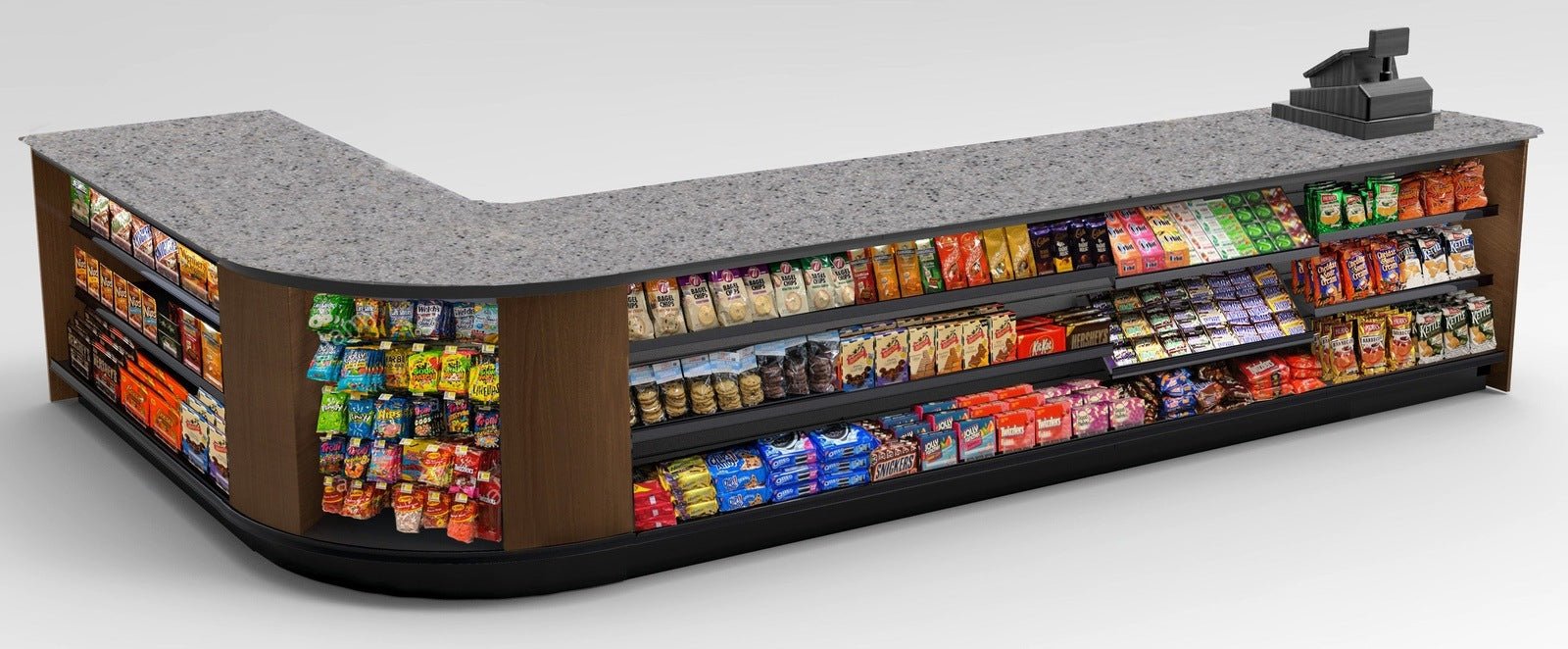 Curved Display-Front Checkout Counter with Display Front Shelves & LED - Modern Store Equipment