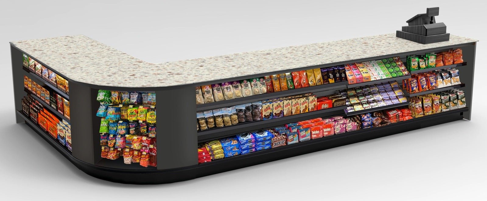 Curved Display-Front Checkout Counter with Display Front Shelves & LED - Modern Store Equipment
