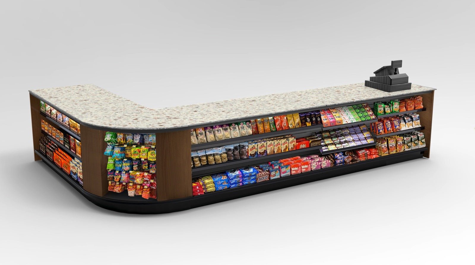 Curved Display-Front Checkout Counter with Display Front Shelves & LED - Modern Store Equipment