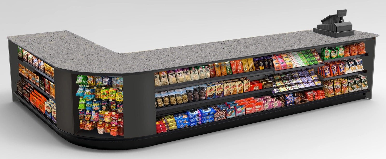 Curved Display-Front Checkout Counter with Display Front Shelves & LED - Modern Store Equipment