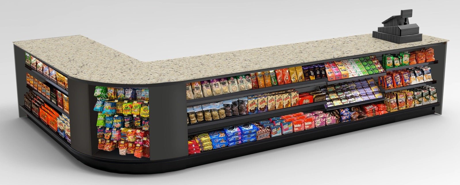 Curved Display-Front Checkout Counter with Display Front Shelves & LED - Modern Store Equipment