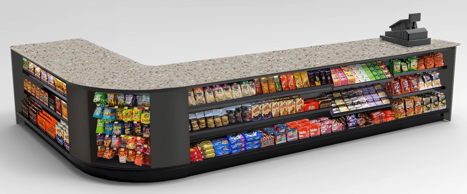 Curved Display-Front Checkout Counter with Display Front Shelves & LED - Modern Store Equipment