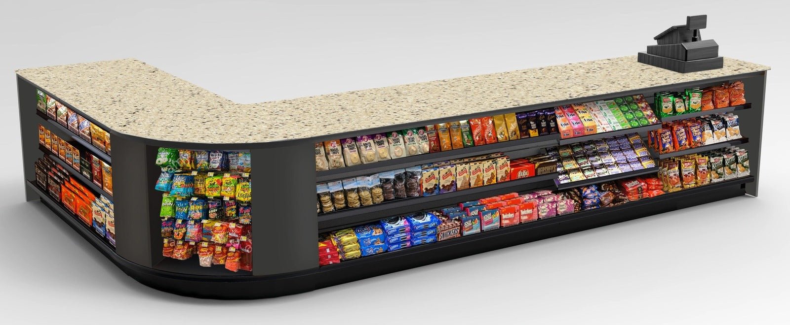 Curved Display-Front Checkout Counter with Display Front Shelves & LED - Modern Store Equipment