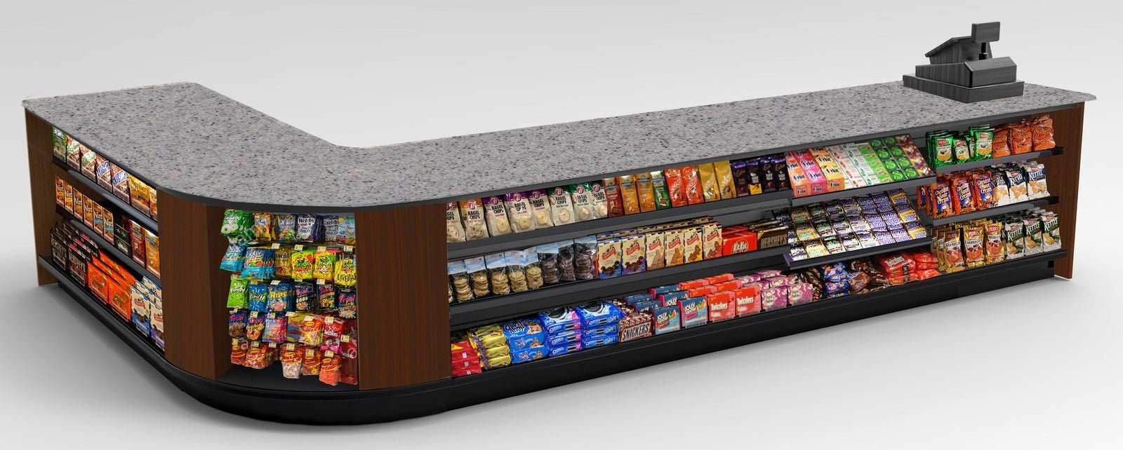Curved Display-Front Checkout Counter with Display Front Shelves & LED - Modern Store Equipment
