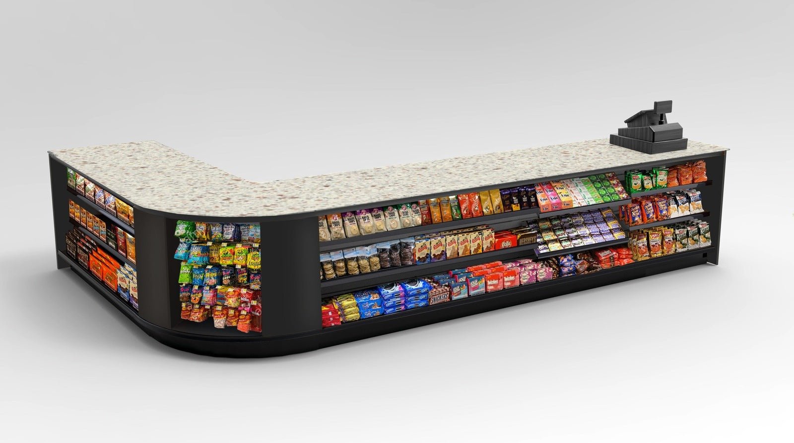 Curved Display-Front Checkout Counter with Display Front Shelves & LED - Modern Store Equipment