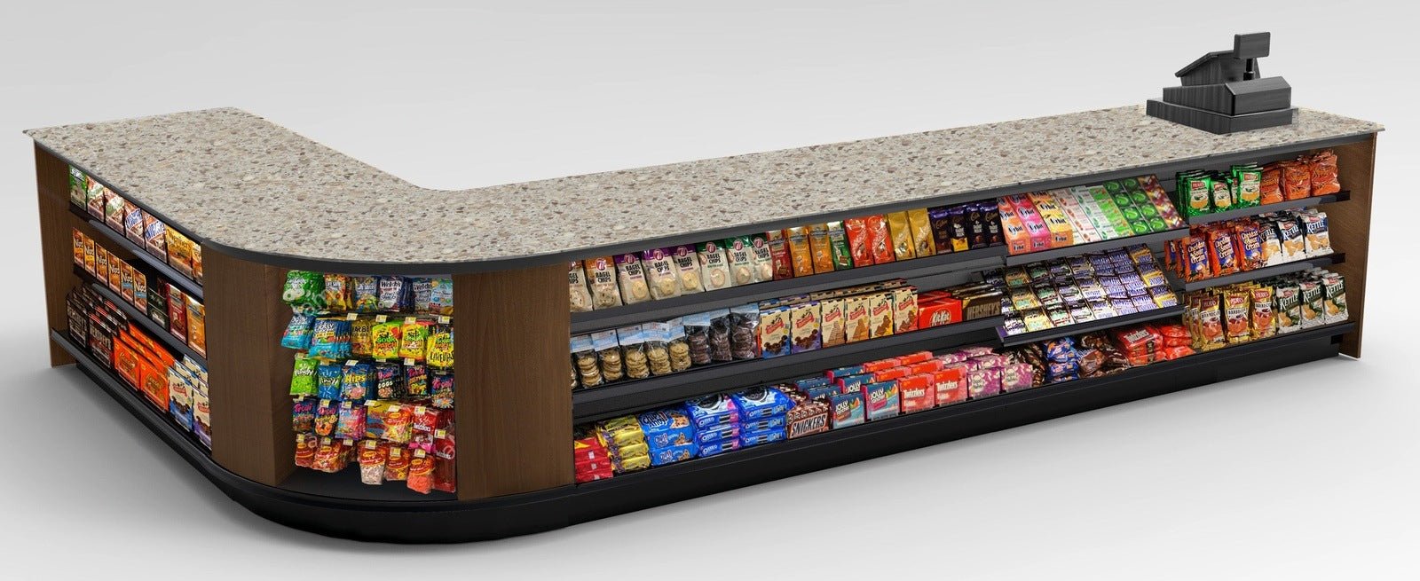 Curved Display-Front Checkout Counter with Display Front Shelves & LED - Modern Store Equipment