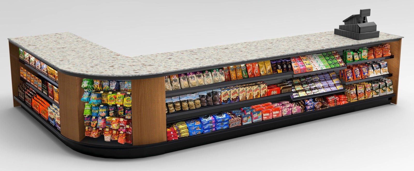 Curved Display-Front Checkout Counter with Display Front Shelves & LED - Modern Store Equipment
