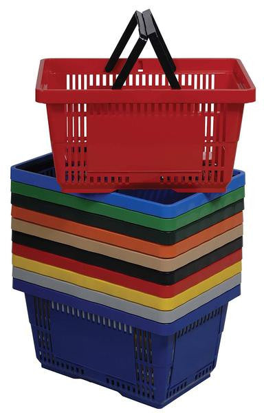 VersaCart 28 Liter Plastic Hand Baskets / 12 Pack with Rack & Sign